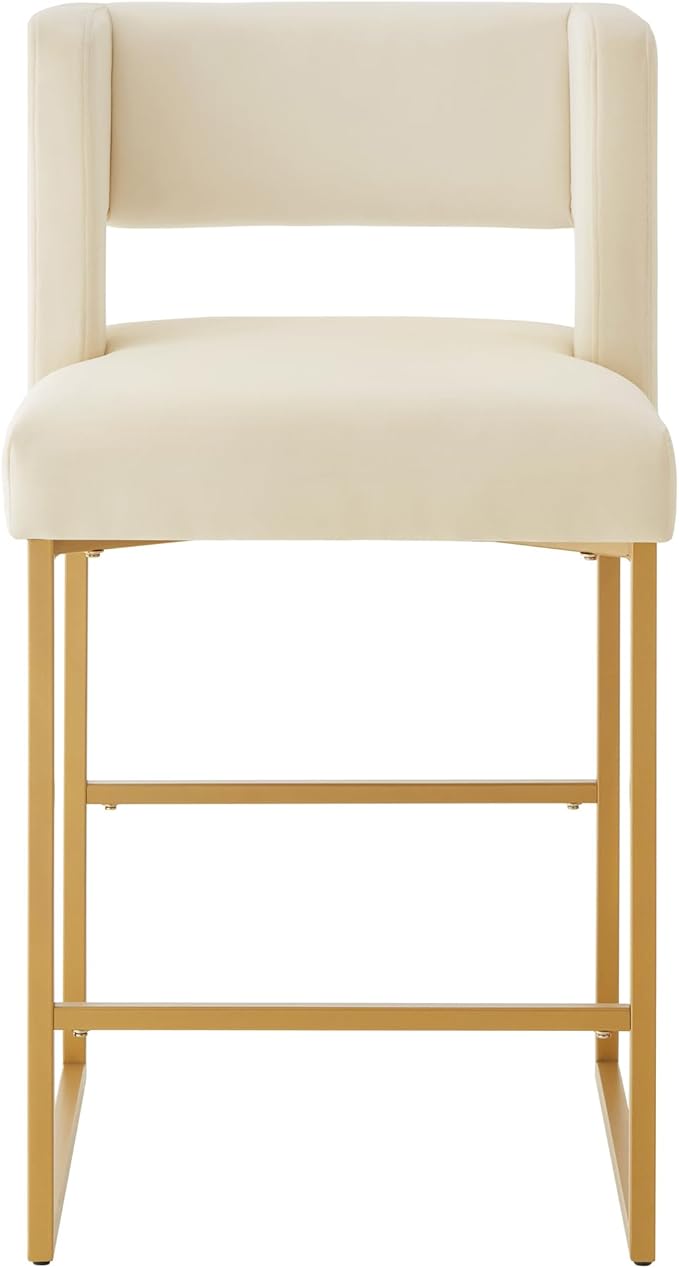 Counter Height Bar Stools with Unique Square Open Backrest, Set of 2 Bar Chairs with Sturdy Iron Legs, 26" H Counter Height Chairs for Kitchen Islands, Cream,Gold