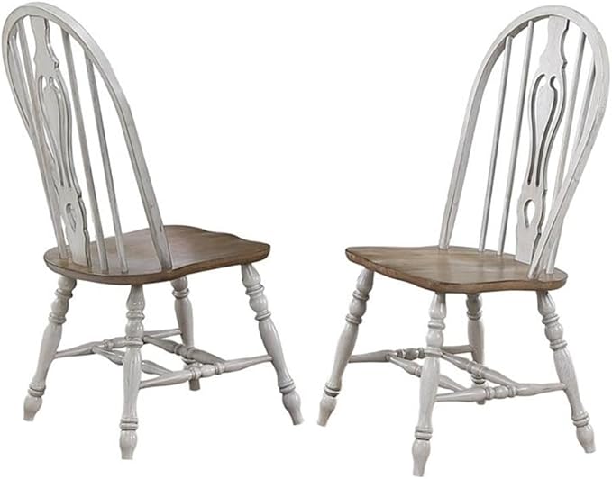 Pemberly Row 18" Wood Keyhole Dining Chairs, Solid Oak in Distressed Gray and Nutmeg Brown Finish, Set of 2, Windsor Fiddleback Style with Turned Legs, Residential or Commercial Dining Room Seating