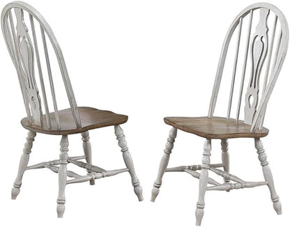 Pemberly Row 18" Wood Keyhole Dining Chairs, Solid Oak in Distressed Gray and Nutmeg Brown Finish, Set of 2, Windsor Fiddleback Style with Turned Legs, Residential or Commercial Dining Room Seating