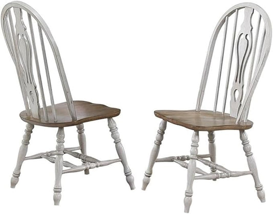 Pemberly Row 18" Wood Keyhole Dining Chairs, Solid Oak in Distressed Gray and Nutmeg Brown Finish, Set of 2, Windsor Fiddleback Style with Turned Legs, Residential or Commercial Dining Room Seating