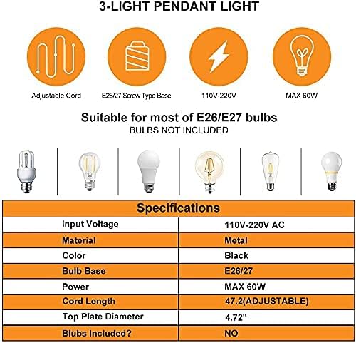 jose2015 3Pcs Pendant Lighting Ceiling Pendant Light Fitting Kits Cord E26 Socket Black Pendant Light Fixtures for Kitchen Isand Bar Cafe. (Black)
