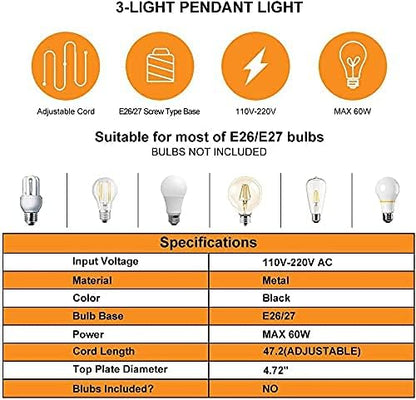 jose2015 3Pcs Pendant Lighting Ceiling Pendant Light Fitting Kits Cord E26 Socket Black Pendant Light Fixtures for Kitchen Isand Bar Cafe. (Black)