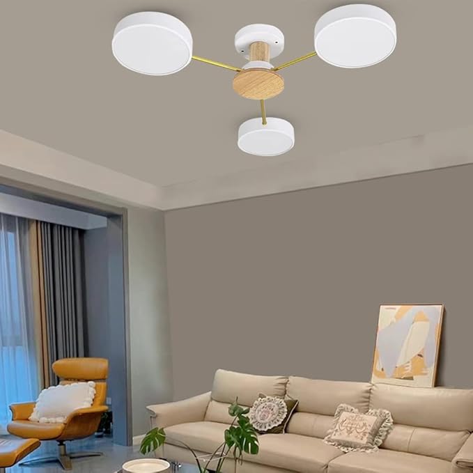LED Ceiling Light Fixture,26 Inch 3-Lights Modern Ceiling Lights Flush Mount Wooden 24W Dimmable Chandelier for Living Room Bedroom Kitchen,3000K/4000K/6000K Temperatures Selectable White