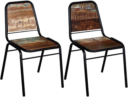 Solid Reclaimed Wood Dining Chairs Set of 2 Antique-Style Kitchen Chairs with Powder-Coated Steel Frame for Farmhouse Dining Room Furniture