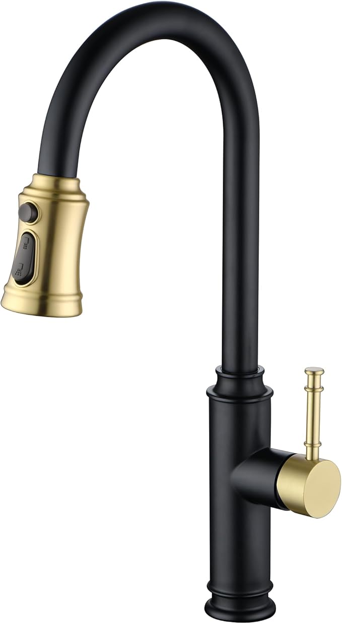 SUMERAIN Single Hole High Arc Kitchen Faucet with Pull Out Sprayer,Black and Gold Pull Down Kitchen Sink Faucet Stainless Steel