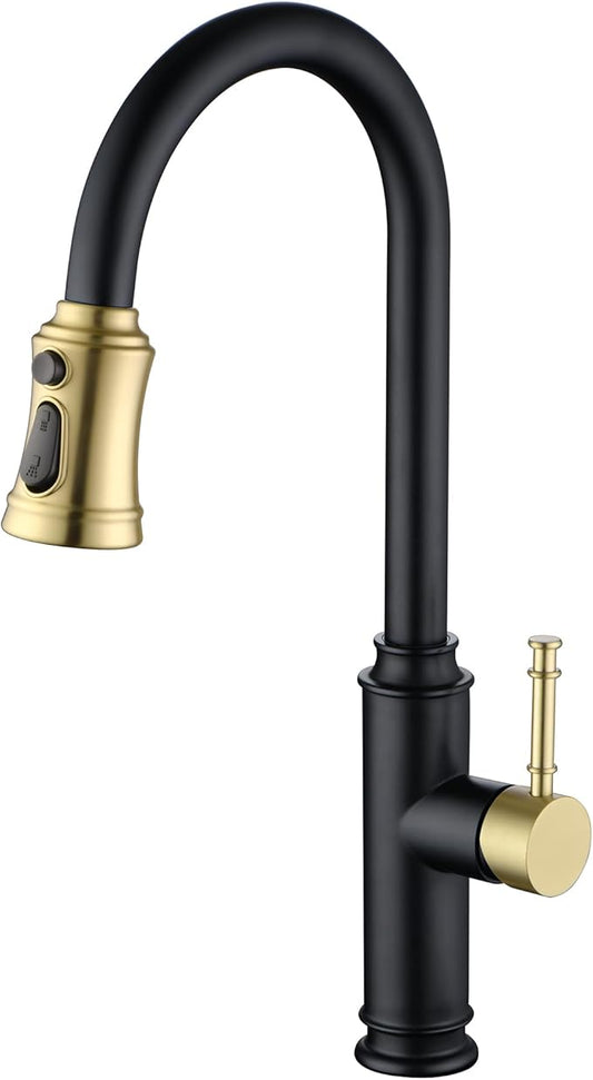 SUMERAIN Single Hole High Arc Kitchen Faucet with Pull Out Sprayer,Black and Gold Pull Down Kitchen Sink Faucet Stainless Steel
