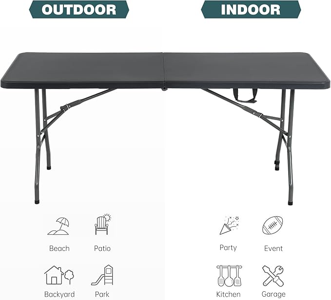 FDW 6 Foot Outdoor Dining Table, Foldable Portable Rectangular Plastic Folding Table with Built in Carrying Handle for Party and Wedding Use, Black