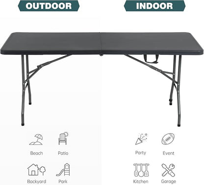 FDW 6 Foot Outdoor Dining Table, Foldable Portable Rectangular Plastic Folding Table with Built in Carrying Handle for Party and Wedding Use, Black