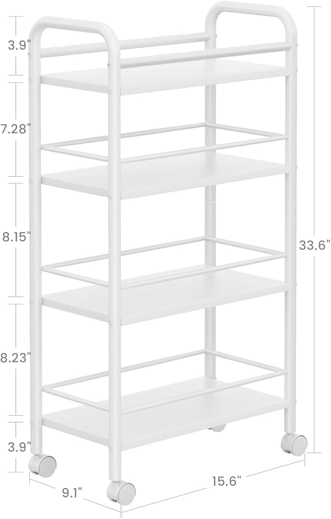 Asgolion Slim Storage Cart, 4-Tier Small Rolling Cart with Wheels, 9.1" Deep, Narrow Bathroom Shelf Trolley for Kitchen, Bathroom, Laundry Room, White Large 4-Tier (9.1" W x 33.6" H)