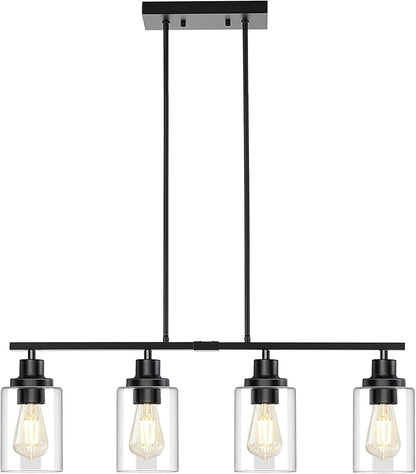 Dining Room Light Fixture, 4-Light Industrial Black Chandeliers for Dining Room, Height-Adjustable Dining Room Light Fixtures Over Table, Dining Room Chandelier Clear Glass Shade for Kitchen Island