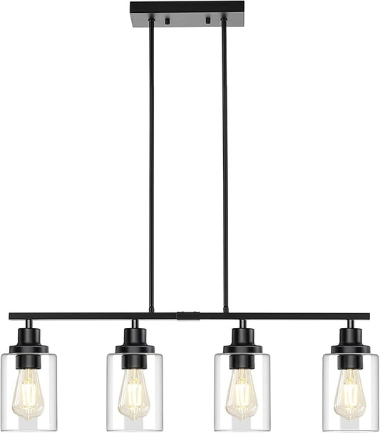 Dining Room Light Fixture, 4-Light Industrial Black Chandeliers for Dining Room, Height-Adjustable Dining Room Light Fixtures Over Table, Dining Room Chandelier Clear Glass Shade for Kitchen Island