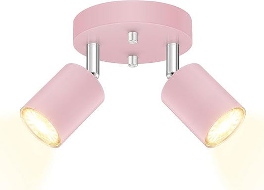 BoostArea LED 2 Light Track Lighting Kit, LED Track Lighting Fixtures, Pink Round Ceiling Spot Lighting, Flexibly Rotatable Light Head for Kitchen, Living Room, Bedroom, GU10 Bulb Not Included