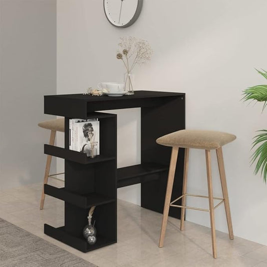 Modern Black Engineered Wood Bar Table Rectangular with Storage Shelves and Footrest Counter Height 40 Inches for Kitchen Dining Room or Living Space Fits 4 People Narrow Design