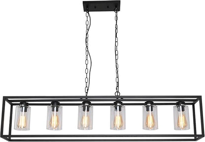 6-Light Black Kitchen Island Lighting with Clear Glass Shade, Modern Farmhouse Dining Room Light Fixtures Over Table, Island Lights for Kitchen, Dining Room, Bar, Foyer