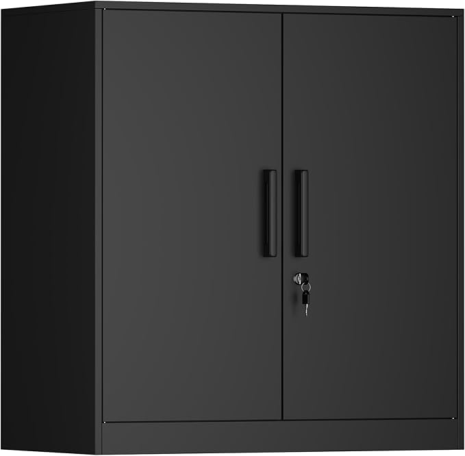 IRONFFICE Metal Wall Cabinet,Garage Wall Cabinet with Handle,Lockable Storage Cabinets Wall Mounted with 2 Doors,Locking Cabinet with Shelves for Basement,Living Home,Black