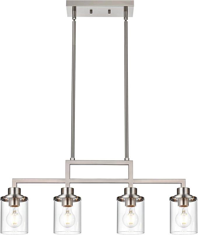 Yaohong 4-Light Brushed Nickel Farmhouse Dining Room Light Fixture, Modern Kitchen Island Chandelier with Clear Glass Shades, Adjustable Ceiling Pendant Lighting for Dining Table and Living Room