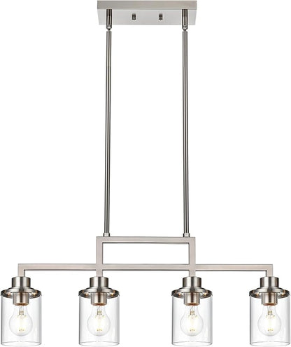 Yaohong 4-Light Brushed Nickel Farmhouse Dining Room Light Fixture, Modern Kitchen Island Chandelier with Clear Glass Shades, Adjustable Ceiling Pendant Lighting for Dining Table and Living Room