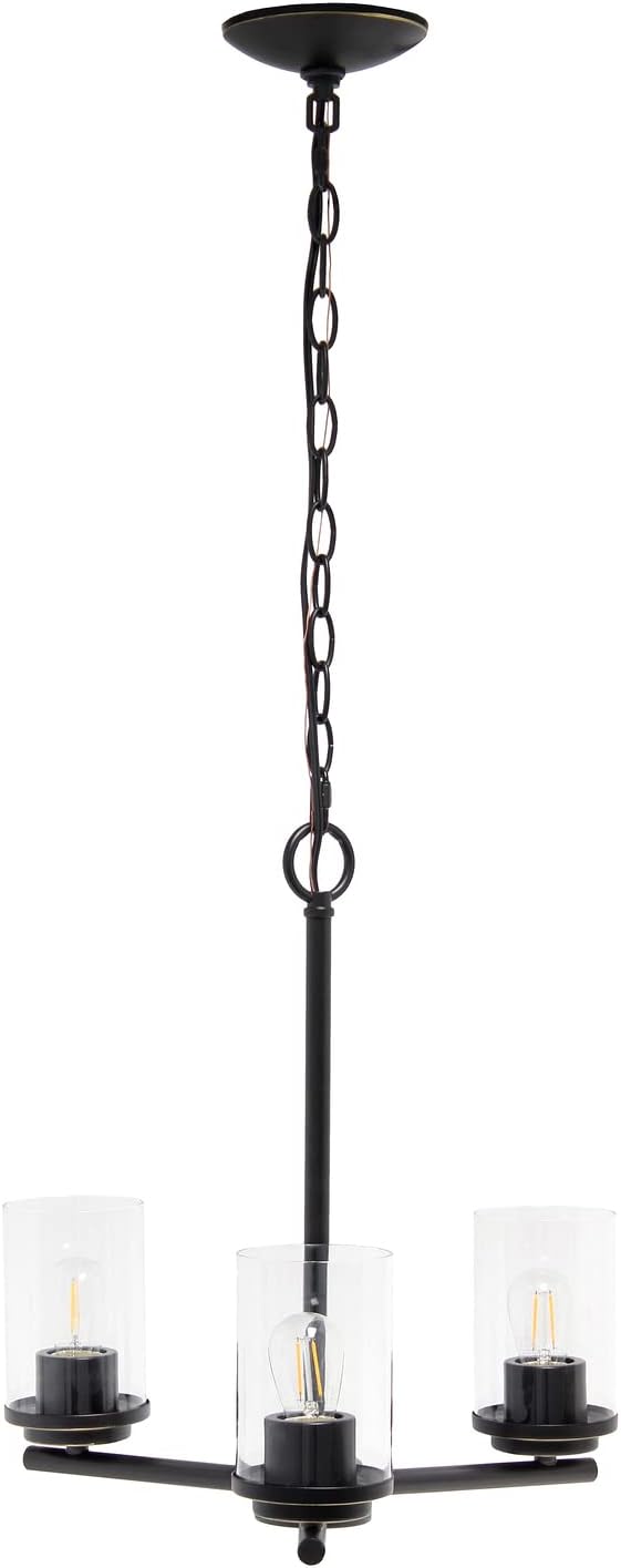 Elegant Designs PT1018-RBZ 15" Traditional Vintage Modern Industrial 3-Light Metal and Clear Glass Kitchen Island Foyer Hallway Living Room Den Dining Room Hanging Pendant Chandelier, RBZ