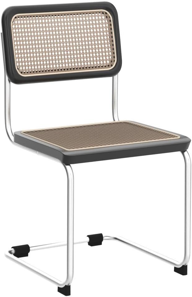 Alunaune Modern Mid Century Black Dining Chairs Set of 2, Upholstered Natural Rattan Kitchen Chairs, Armless Accent Chair Side Chairs with Metal Chrome Legs for Bedroom Living Room-Rattan Seat