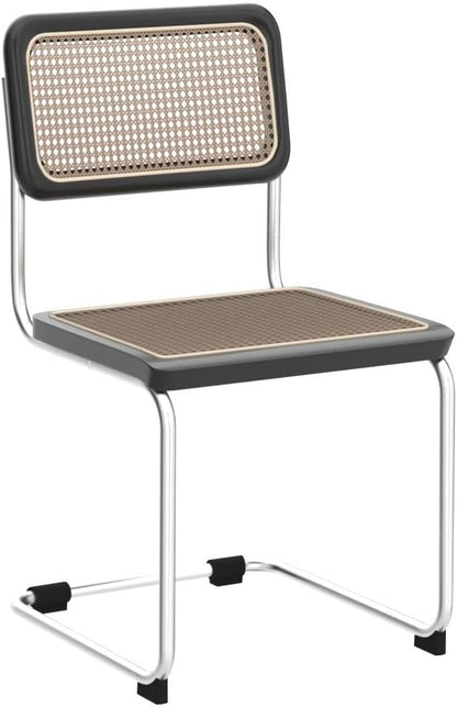 Alunaune Modern Mid Century Black Dining Chairs Set of 2, Upholstered Natural Rattan Kitchen Chairs, Armless Accent Chair Side Chairs with Metal Chrome Legs for Bedroom Living Room-Rattan Seat