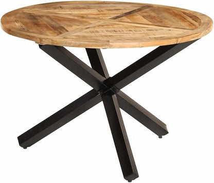 Rustic Solid Mango Wood Round Dining Table, Black Metal Legs, 43.3 Inch Diameter Seats 4, Kitchen Dining Room Dinner Table, Mesas de Comedor