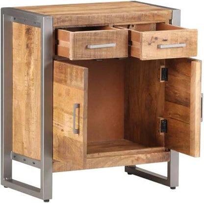 Natural Mango Wood Sideboard, Grey Finish, Industrial Design, 2 Drawers, 2 Doors, 23.6x13.8x28.3in, Living Room Storage Cabinet Furniture Kitchen Furnitur