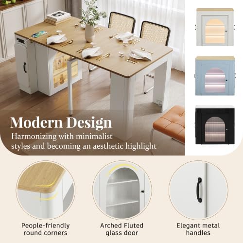 15.6"-59" Extendable Dining Room Table for 6 with 3 Removable Middle Leaves, Mobile Rolling Island Table with Power Outlet & LED Storage Cabinet for Dining Living Room,Cream White and Natural
