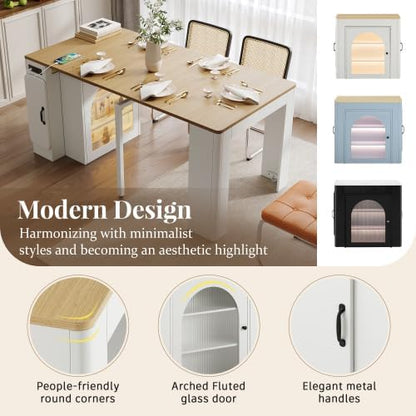 15.6"-59" Extendable Dining Table for 6 with 3 Removable Middle Leaves, Mobile Rolling Island Table with Power Outlet & LED Storage Cabinet for Dining Room, Cream White and Natural