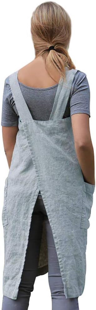 Larmliss Women's Pinafore Square Apron Baking Cooking Gardening Works Cross Back Cotton/Linen Blend Dress with 2 Pockets