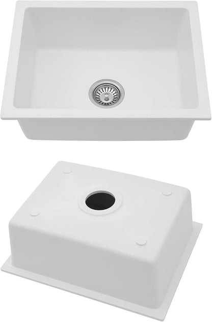 22x17 Inch Granite Composite Kitchen Sink - 22"x17" Undermount White Wet Bar Sink Granite Composite Quartz Classic Under Counter Ledge Single Bowl Sink Basin, LOF-GC22179