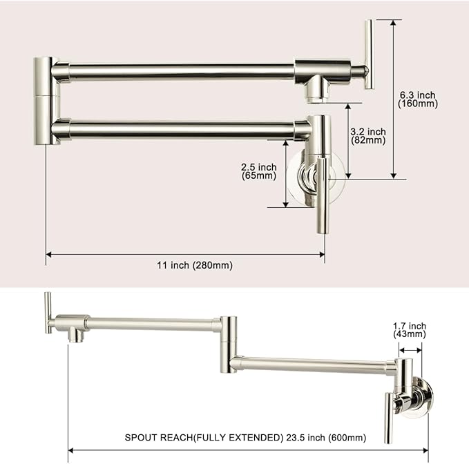 WOWOW Pot Filler Faucet Polished Nickel, Solid Brass Pot Filler Wall Mount Kitchen Stove Faucet with Double Joint Swing Arms