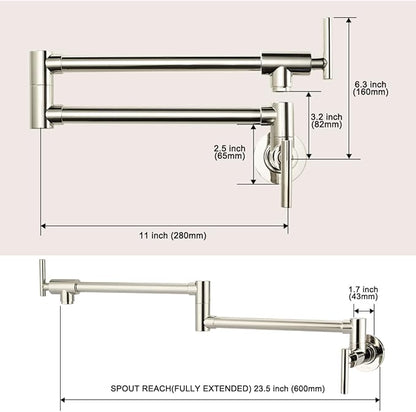 WOWOW Pot Filler Faucet Polished Nickel, Solid Brass Pot Filler Wall Mount Kitchen Stove Faucet with Double Joint Swing Arms