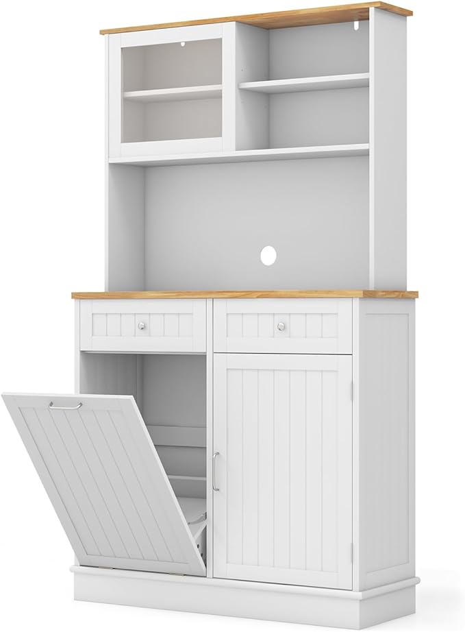 LOKO 68” Tall Kitchen Pantry Cabinet, Wood Sideboard Cupboard with Microwave Countertop, Sliding Glass Door, Freestanding Buffet Hutch with Trash Can Storage, for Home Coffee Bar, White & Natural