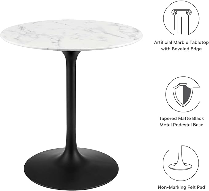Modway Lippa Mid-Century Modern 28" Round Artificial Marble Dining Table in Black White