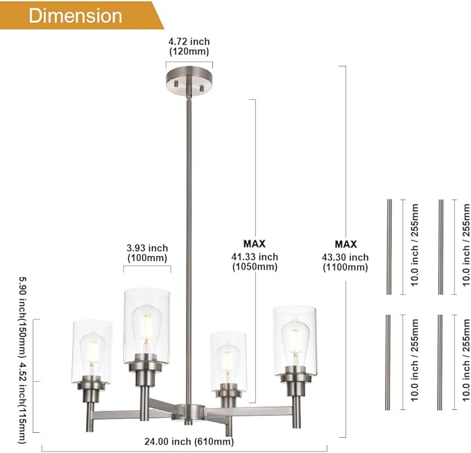 VINLUZ 4 Light Modern Chandelier Brushed Nickel Pendant Lighting Clear Glass Shades Contemporary Ceiling Light Fixtures for Dining Room Kitchen Living Room