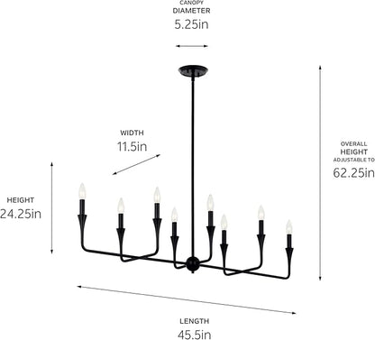 Kichler Alvaro 8-Light Linear Chandelier, Soft Modern Light in Black, for Dining Room or Kitchen (24.25" x 11.5" x 45.5"), 52693BK