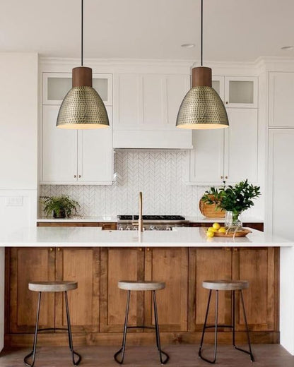 ELYONA Vintage Hammered Pendant Light Fixtures, 10.2” Industrial Metal Hanging Bar Lamp, Solid Wood Antique Gold Adjustable Pendant Light for Kitchen Island, Farmhouse, Dining Room, Brushed Brass