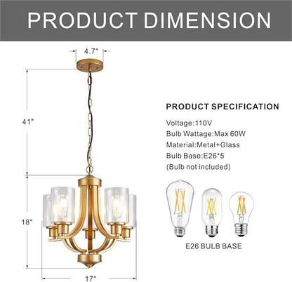 5-Light Dining Room Chandelier,Modern Small Chandeliers Gold Rustic Metal Farmhouse High Ceiling Pendant Light Fixtures for Living Room,Kitchen,Foyer,Bedroom