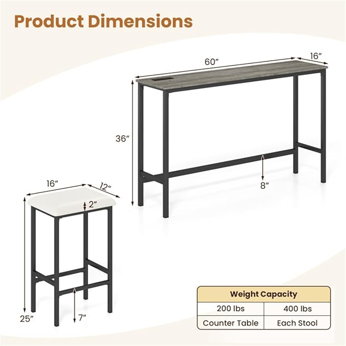4 Piece Counter Height Bar Table Set with Charging Station & USB Ports, Gray Pub Table with 3 Stools, Space-Saving Kitchen Bar Set, Apartment Dining Furniture Set, Kitchen Bar Table