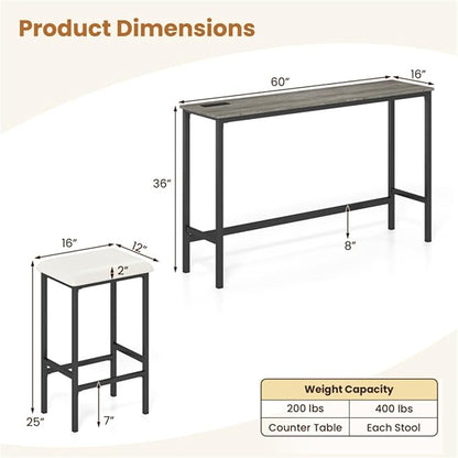 4 Piece Counter Height Bar Table Set with Charging Station & USB Ports, Gray Pub Table with 3 Stools, Space-Saving Kitchen Bar Set, Apartment Dining Furniture Set, Kitchen Bar Table