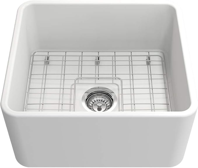 BOCCHI Classico Apron Front Fireclay 20 in. Single Bowl Kitchen Sink with Protective Bottom Grid and Strainer in Matte White