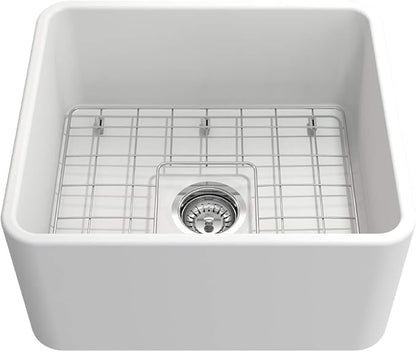 BOCCHI Classico Apron Front Fireclay 20 in. Single Bowl Kitchen Sink with Protective Bottom Grid and Strainer in Matte White