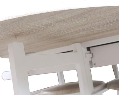 3PCS Wood Dining Table Set with Rolling Casters Breakfast Cart Set with One Side Folding Drop Leaf 2 Drawers Kitchen Island Cart with 2 Stools Space Saving for Kitchen Living Room