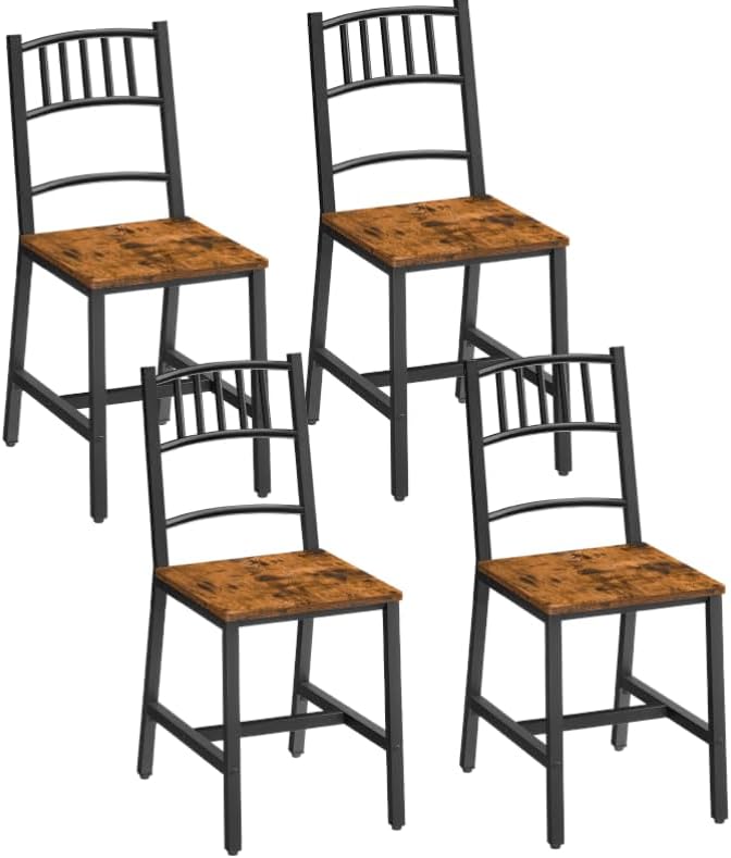HOOBRO Dining Chairs Set of 4, Wooden Kitchen Chairs with Metal Frame, Industrial Dining Chairs with Back, Easy to Assemble, Farmhouse Dining Chairs for Living Room, Rustic Brown and Black BF39CDP401