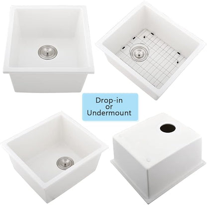 White Bar Sink Undermount-VASOYO 15x17 Small Kitchen Sink Undermount Wet Bar Sinks White Quartz Composite Deep Single Bowl Outdoor Rv Sinks with Bottom Grid