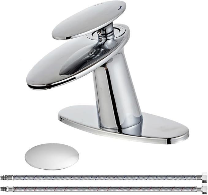 Wovier Chrome Waterfall Bathroom Sink Faucet,Single Handle Single Hole Brass Lavatory Vanity Faucet,Slanted Body Basin Mixer Tap with Supply Hose and Pop Up Drain Assembly