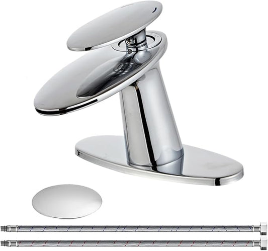 Wovier Chrome Waterfall Bathroom Sink Faucet,Single Handle Single Hole Brass Lavatory Vanity Faucet,Slanted Body Basin Mixer Tap with Supply Hose and Pop Up Drain Assembly