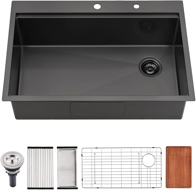 33 Inch Black Kitchen Sink Drop In, 33x22 Drop In Kitchen Sink Single Bowl Black 16 Gauge Stainless Steel Workstation Sink Deep Topmount with Offset Drain