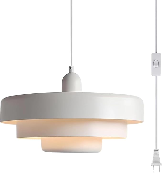 Hanging Lamp Plug in White Pendant Light Fixtures Mid Century Modern Pendant Lamp Nordic Style Pendant Lighting Metal Shade for Living Room Dining Room Bedroom Kitchen Island