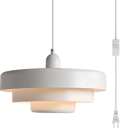 Hanging Lamp Plug in White Pendant Light Fixtures Mid Century Modern Pendant Lamp Nordic Style Pendant Lighting Metal Shade for Living Room Dining Room Bedroom Kitchen Island
